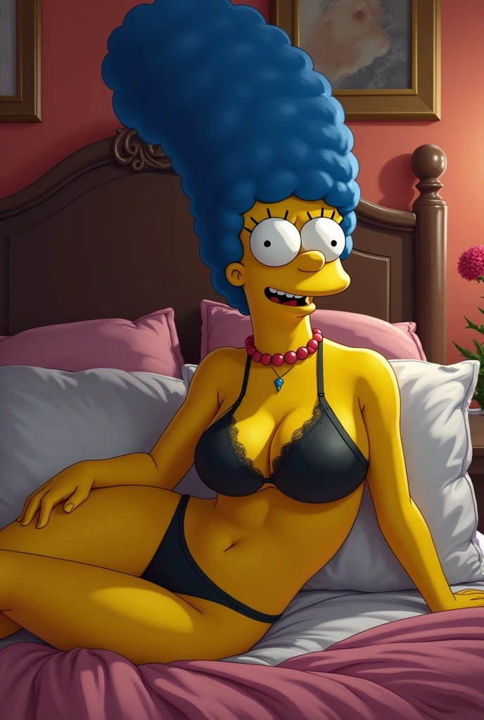Marge Simpson, bed,sexual traits closed mouth smile, lingerie