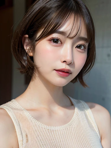 You are a professional photographer、Highly detailed face and skin texture、
Fine grain、
Photorealistic rendering、
Subsurface scattering、
High-resolution facial features、
Micro skin details、
Natural skin tones、
Soft shadows and highlights、 with fine lines and delicate edges、
(Ultra-realistic), (shape), (High resolution), (8k), (High resolution), (Best shape), (Beautiful details), (Highest quality), (Very detailed), (masterpiece), (wallpaper), (Detailed face),Sweaty,Close-up on chest,short hair,Plus Size、Sleeveless sweater only, Japanese, Underbust, (Camel Toe)