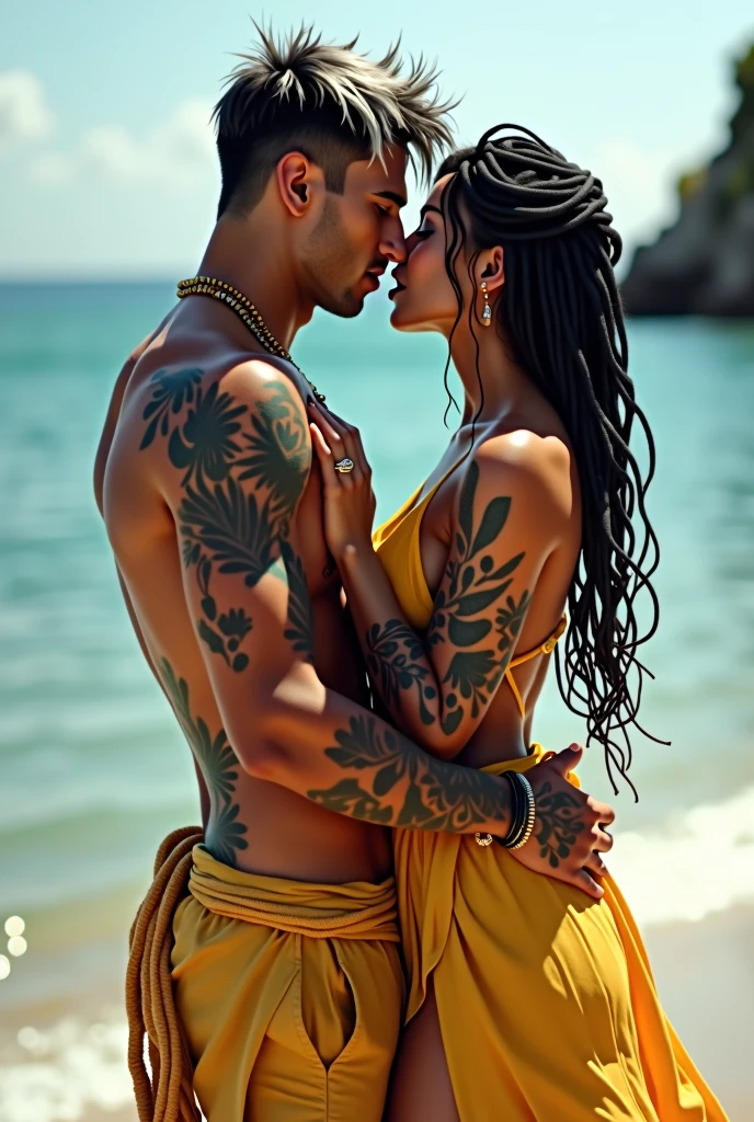 long shot full view 2 people 1 woman sitting on man's shoulders hugging him and biting his cheek standing on the seashore ,attractive man short hair shaved on the sides black with white highlights disheveled ,gray-green eyes, seductive look, full lips ,strong, piercing,tattoos, dressed in yellow sarong barefoot , delicate and beautiful woman with black hair and dreadlocks, Cuban features,green eyes,marked chin,eyelashes, full lips, tattooed skin,