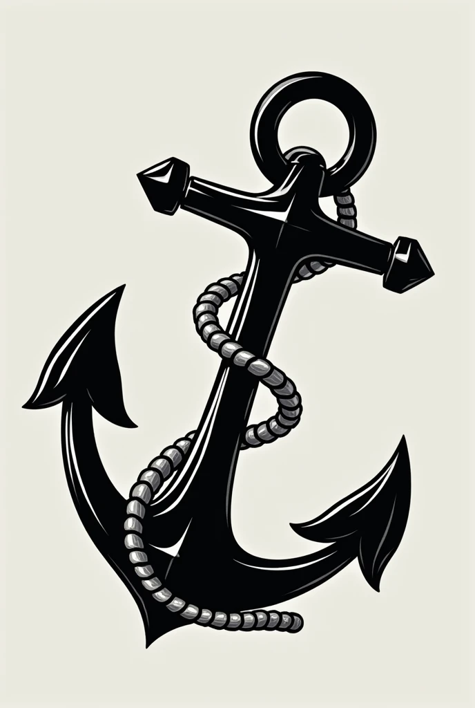 A black and white anchor and a rope coming out of the hole in a right direction that is shaped like the letter M. 
