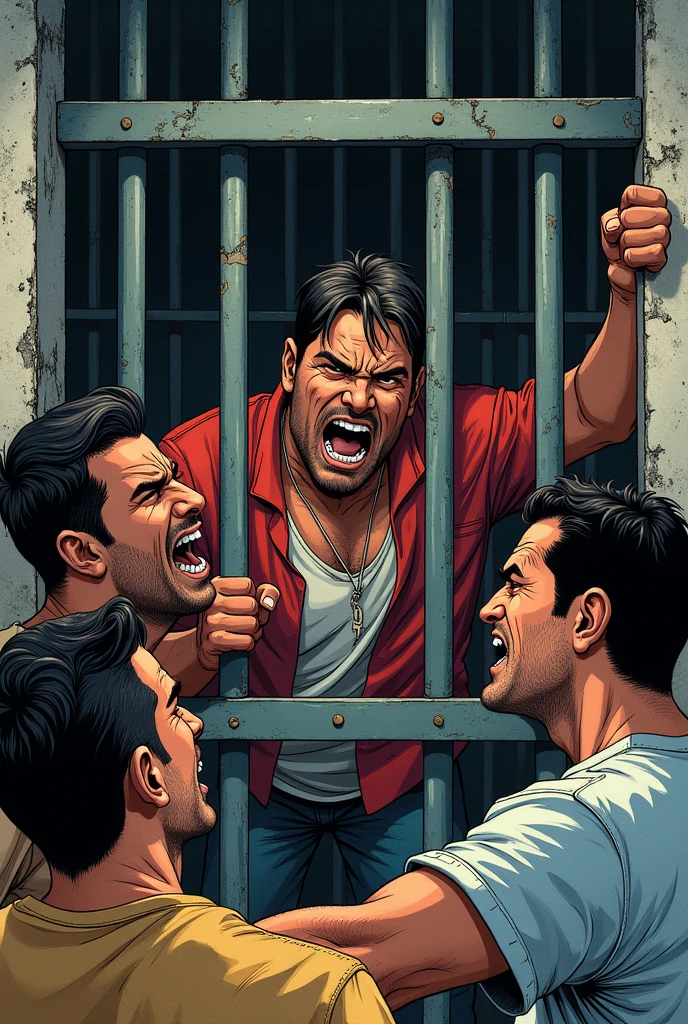 A group of Latino men talking to a man in jail, everyone is upset. In comic type drawing