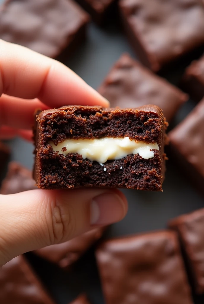 A chocolate brownie with a crispy crust, shiny with a creamy and light cream in the middle of the brownie as if it were in the shape of a sandwich. In the 360 degree view being held with one hand and containing a small bite further emphasizing the cream in the middle being a thinner layer of the brownie and filling, crispy and shiny top crust. Background image as if it were a large production of brownies but with the brownie in a thinner thickness still giving the main focus to the creamy filling