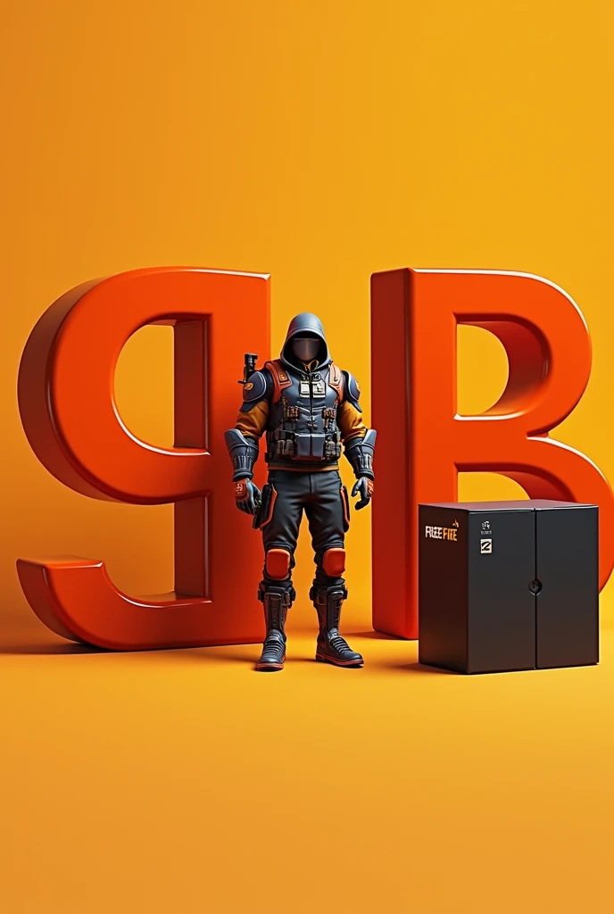 XLD LETTERS IN ORANGE COLOR PLUS A BLACK BOX AND A FREEFIRE CHARACTER