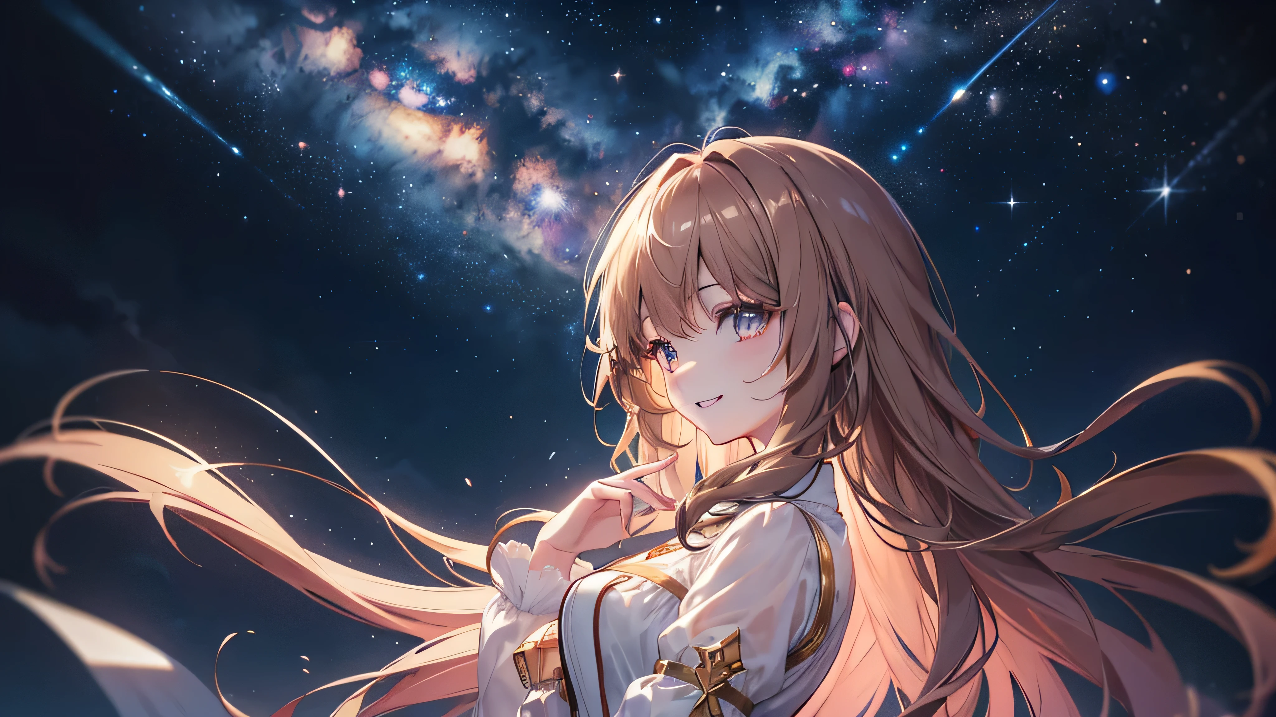 ((Highest quality、masterpiece、Ultra-fine、Ultra-fine、Exquisite、Golden Ratio,16K、Brown Hair,The best smile,Full HD、 The night your smile shines )), (Side angle,profile,One person))Long eyelashes、White skin、(Pale pink lips、Pale pink cheeks、thin and long)、((One person)),birthday,Stars floating in the night sky,meteor