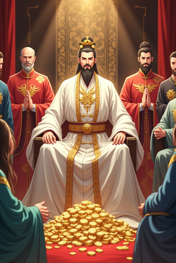 A playful and stylish young man with a smile on his face., Wearing a white ancient Chinese costume with gold trim, resembling a deity. He is the head of a large and very wealthy cult.. He sat in the front and was surrounded by young male disciples.. Many of his disciples also wore ancient Chinese clothing in various colors.. colorful, Looks luxurious. He sits on a pile of gold and silver. Behind him is a large office. Anime, young man, not old, Chinese anime.
