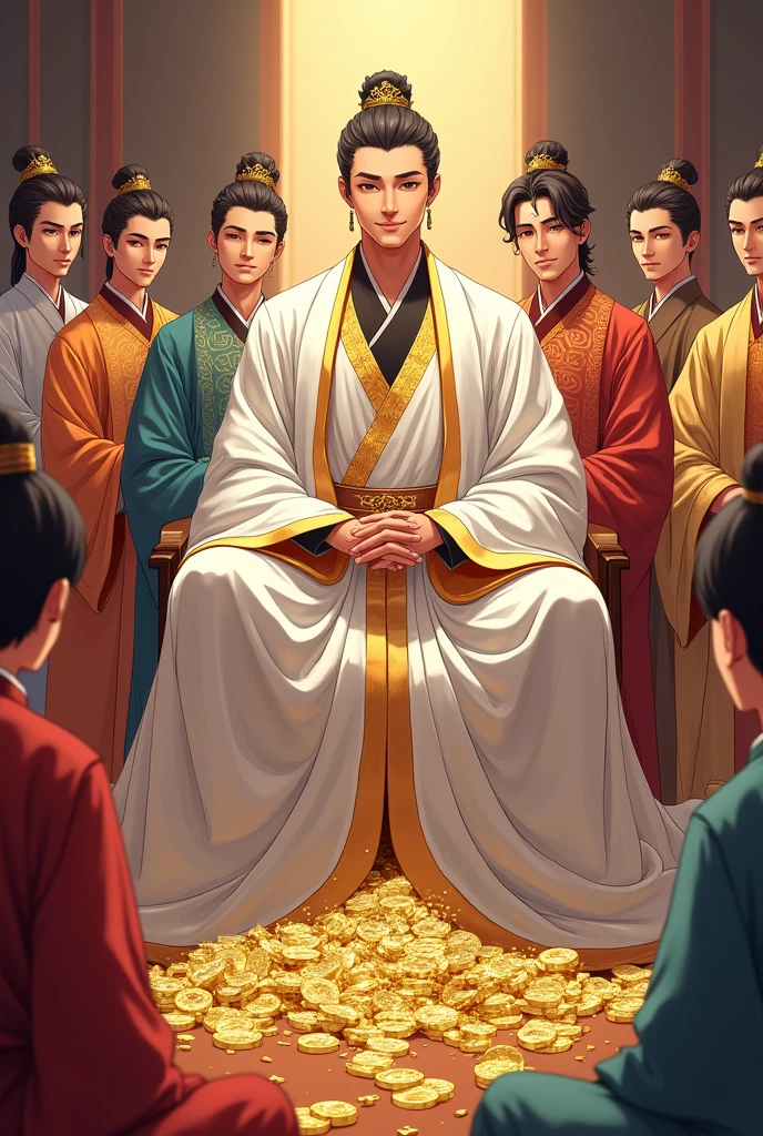 A playful and stylish young man with a smile on his face., Wearing a white ancient Chinese costume with gold trim, resembling a deity. He is the head of a large and very wealthy cult.. He sat in the front and was surrounded by young male disciples.. Many of his disciples also wore ancient Chinese clothing in various colors.. colorful, Looks luxurious. He sits on a pile of gold and silver. Behind him is a large office. Anime, young man, not old, Chinese anime.