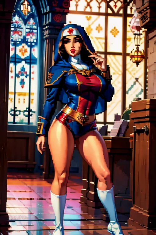 The woman, short clothes, scantily clad, only, nun, knee high boots, socks, stockings, church, medieval church in the background, Renaissance,renaissance, Very detailed, Realistic long-term photography., 4k, by the wide, brown hair, By the chestnut, Red lips,hood, hood, sexy,red lips, brown eyes, big breasts, big breasts, breasts, Lucia Auditore