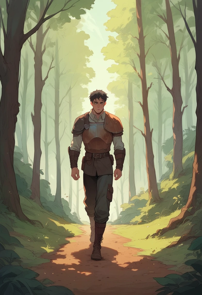 Gentleman with short black hair, wearing rusty armor, and leather boots,  walking very seriously in a forest 