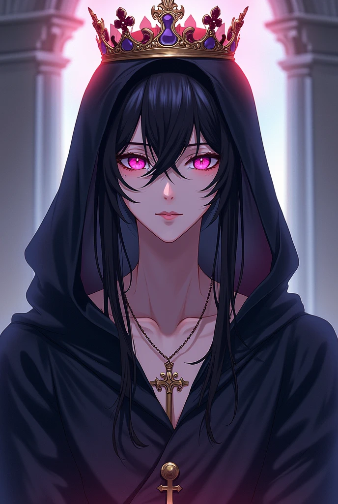 Young man in dark robe, priest, cross necklace, long black hair and pink eyes with a crown on her head, anime style smiling 