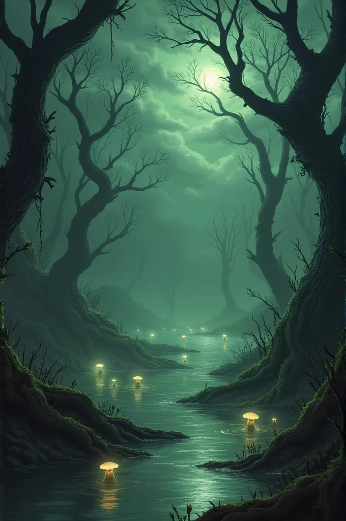 A magical swamp with dark weather and glowing mushrooms 