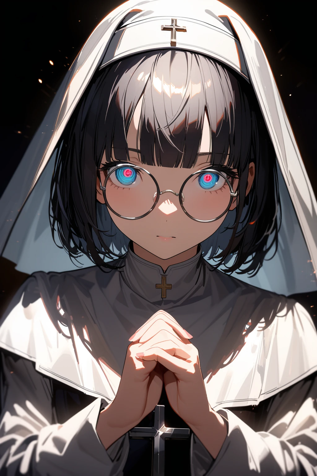 (extremely detailed fine touch:1.3), girl, solo, alone, 2.5d, (((silver semi-rimless round eyewear:1.3))), short hair, smooth hair, blunt bangs, extremely detailed eyes, Beautiful nun, Exquisite facial features,Meticulous portrayal,The eyes are sharply focused,Hands together,Beautiful cross, rim light,Glowing special effects,full body,Pure black background