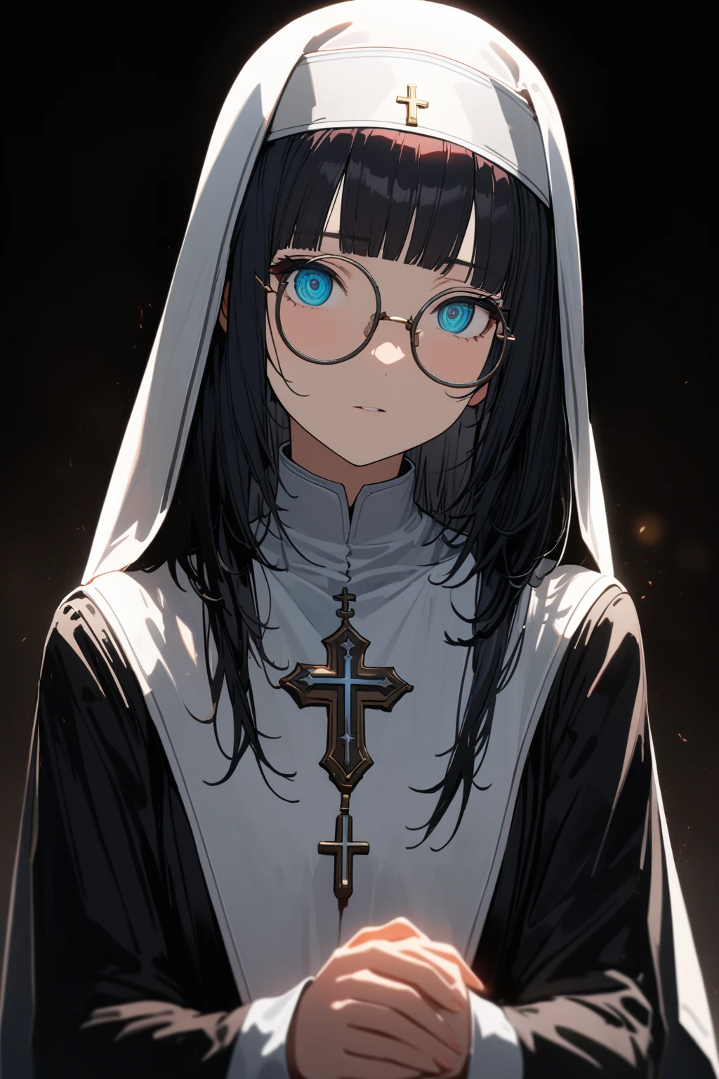 (extremely detailed fine touch:1.3), girl, solo, alone, 2.5d, (((silver semi-rimless round eyewear:1.3))), short hair, smooth hair, blunt bangs, extremely detailed eyes, Beautiful nun, Exquisite facial features,Meticulous portrayal,The eyes are sharply focused,Hands together,Beautiful cross, rim light,Glowing special effects,full body,Pure black background