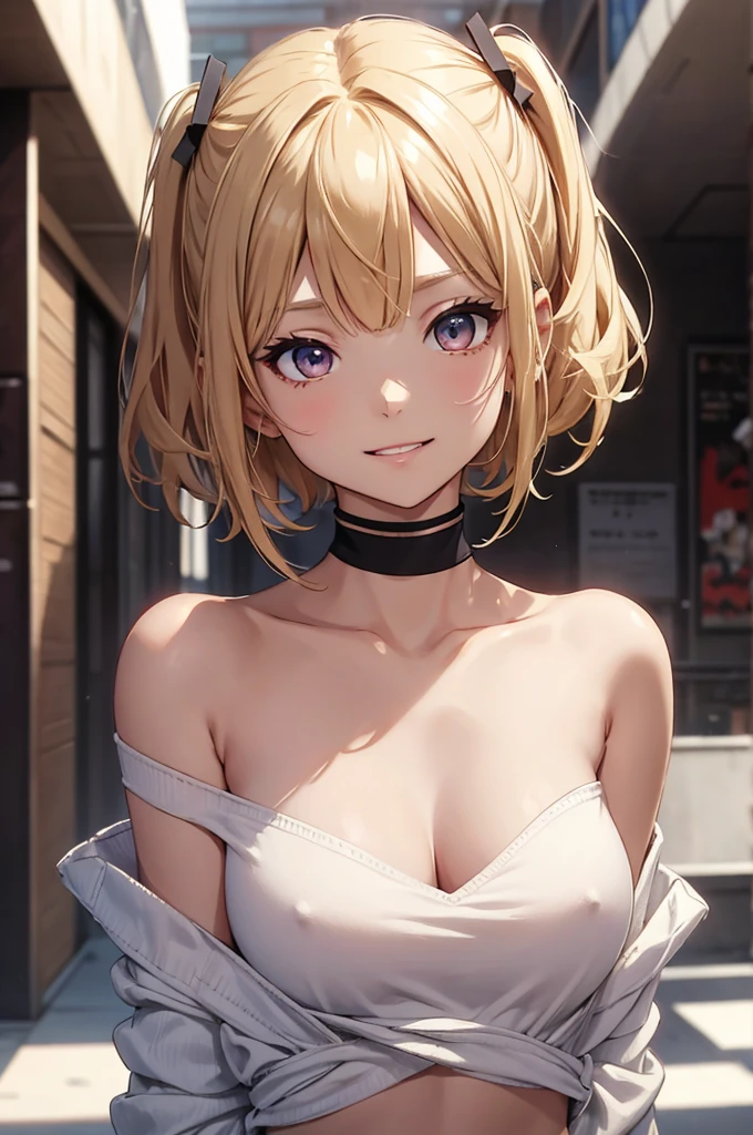 short hair、bangs、Blonde、(Red Eye:1.5)、ヘアribbon、One Side Up、Bobcut、
Shoulder Bare、Twin tails、clavicle、Off-the-shoulder sweater、Barely exposed upper chest、Medium breast、stomach、panties、ribbon、ショートTwin tails、Grin、Highest quality、High resolution、(shape:0.8)、(Fine and beautiful eyes:1.6)、Highly detailed face、Perfect lighting、Detailed CG、(Perfect hands、Perfect Anatomy)