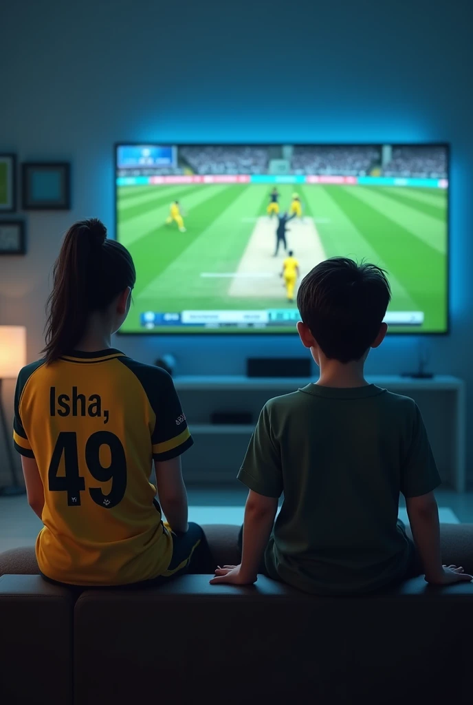 create a High quality realistic image of a 20 year old girl Watch cricket on the Big Screen LED TV in a hall Room wearing Australian Team jersey on which Name "ISHA , 49, written in bold font clearly, ultra realistic image with 4k resolution. make sure LED TV screen should be visible, boy sits at aside on the Sofa ,dark shadow