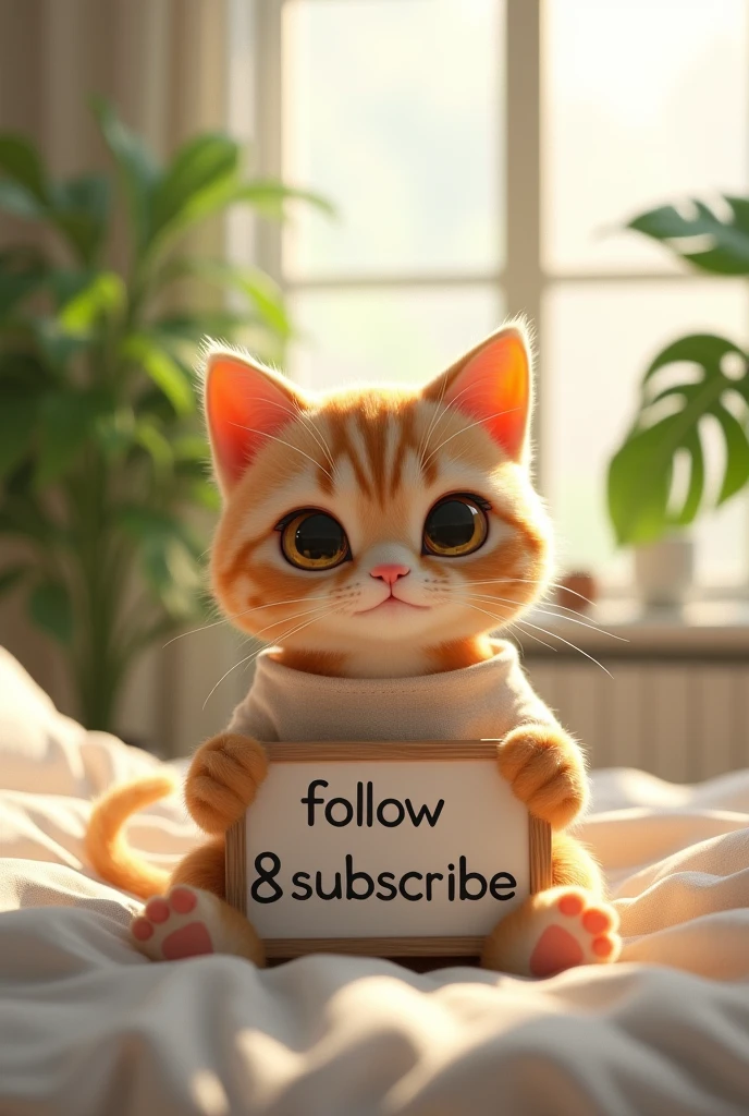 (photorealism:1.2), a cute cat and human body, and sitting on bed, wearing loose off-shoulder top, pajama pants, indoors, soft lighting, plants in background, window with sunlight, cozy room, relaxed pose, realistic, intricate details, warm colors, and wearing a signboard named "Follow & Subscribe" with clear font like a pallete.