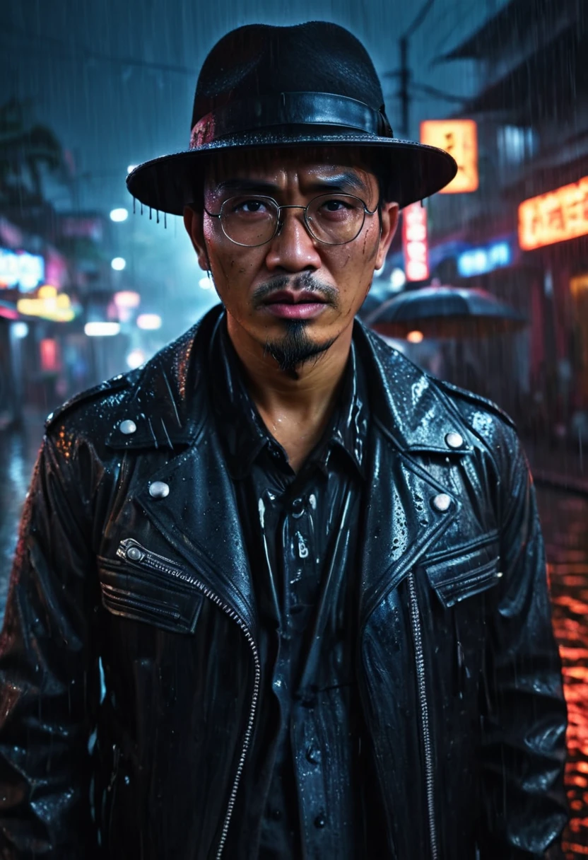 4d realistic of tough Indonesian man 45 yo, Glasses, man in a black leather jacket, black gangster felt hat, black business suit, part of a dragon tattoo visible on his neck, mean expression, rainy Yogyakarta night, (best quality,4k,8k,highres,masterpiece:1.2),ultra-detailed,(realistic,photorealistic,photo-realistic:1.37),chiaroscuro lighting, dramatic cinematic lighting, hyper realistic, highly detailed face, extremely detailed eyes and face, long eyelashes, sharp focus, vivid colors, dark moody atmosphere, neon lights, rain effects, gritty urban environment, cyberpunk, neo-noir, concept art, digital painting