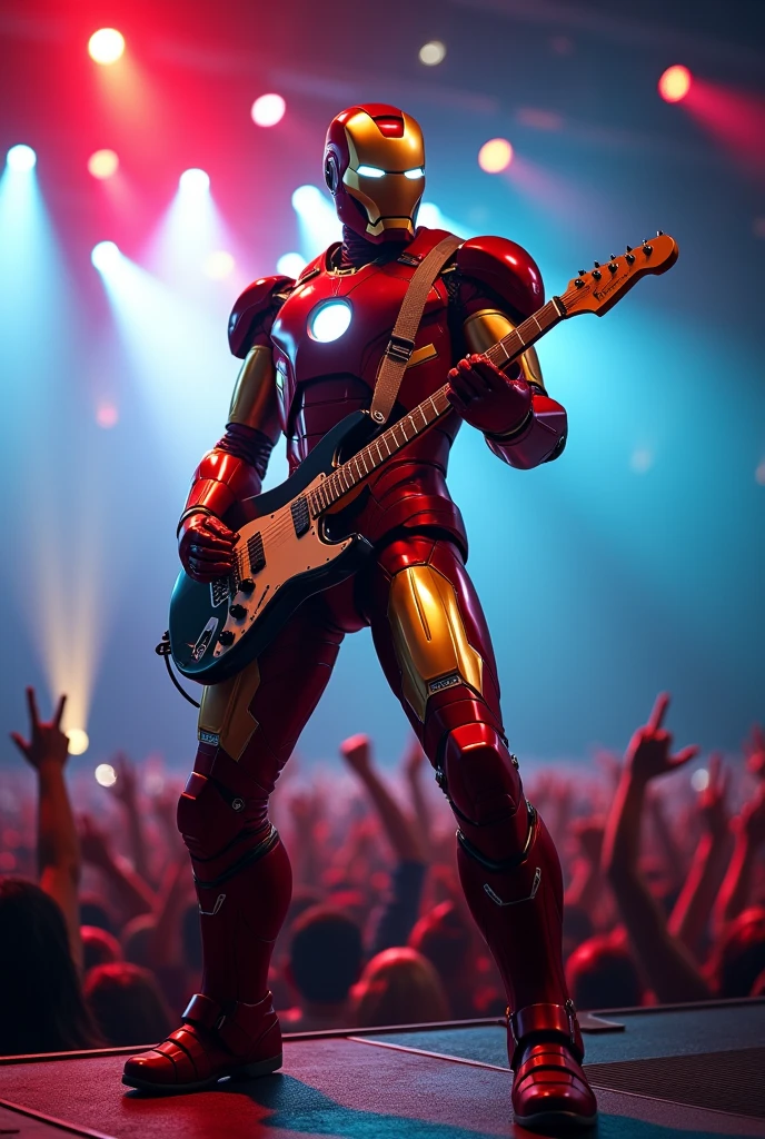 (masterpiece: 1.3), (8K, Photorealistic, Raw Photo, Best Quality: 1.4), A series of dynamic concert shots of Ironman playing an electric guitar on a rock stage, surrounded by dramatic lighting effects, with a crowd cheering in the background, various camera angles including low angle full body shot, high angle medium shot, and dutch angle close-up, during a night performance with vibrant stage lights, shot with a Sony A7R IV, 50mm f/1.4 lens, vivid colors