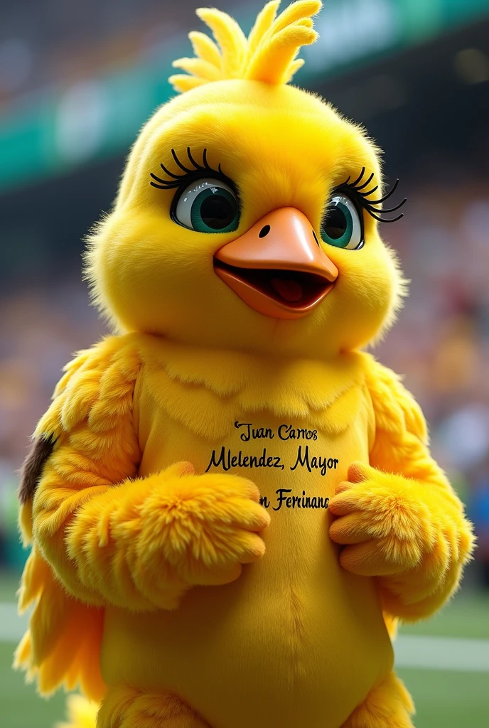 Creation of a corporeal costume of a canary in the style of the Fiu mascot of the Pan American Games in Chile, be tender, friendly, familiar and that it is written on his chest &#39;&#39;Juan Carlos Meléndez Mayor of San Fernando&#39;&#39;
