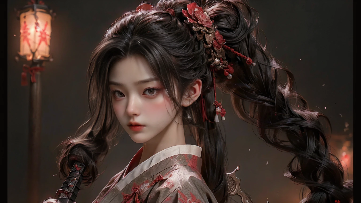 ((masterpiece, Top quality, high resolution, Reality, Raw, 8k wallpaper)), Hanfu female soldiers, Heroes of the Three Kingdoms, (hands holding sword), She has long black hair tied back, Wearing armor,Wearing a red official hat, Enemies all around,In the background is a burning city,