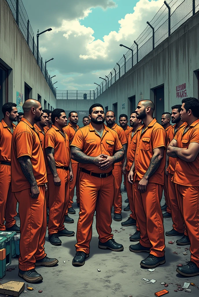 Group of Latinos gathered in the prison yard (comic version)