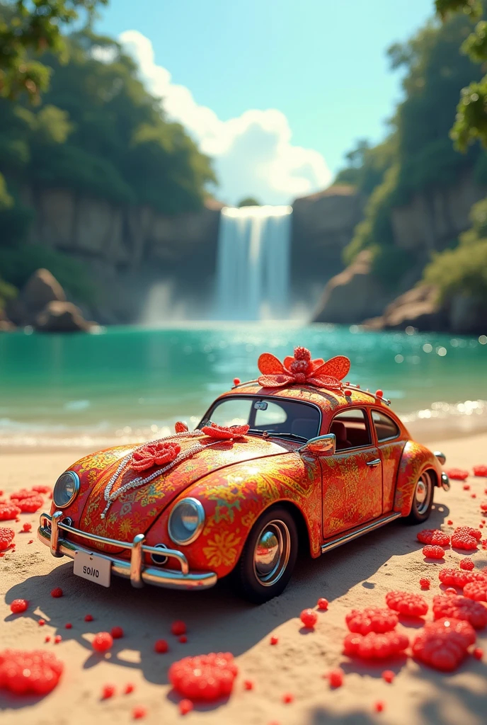 Carnival decorated car with Curug nuance, beach, red rice crackers, Red Sugar, Weaving, Megalodon Shark Teeth