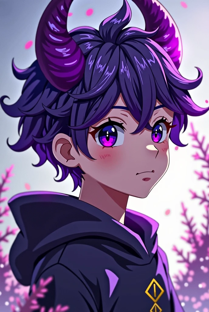 Boy young with purple horns and purple eyes snd puerplr hsirstylr snd style snime biy