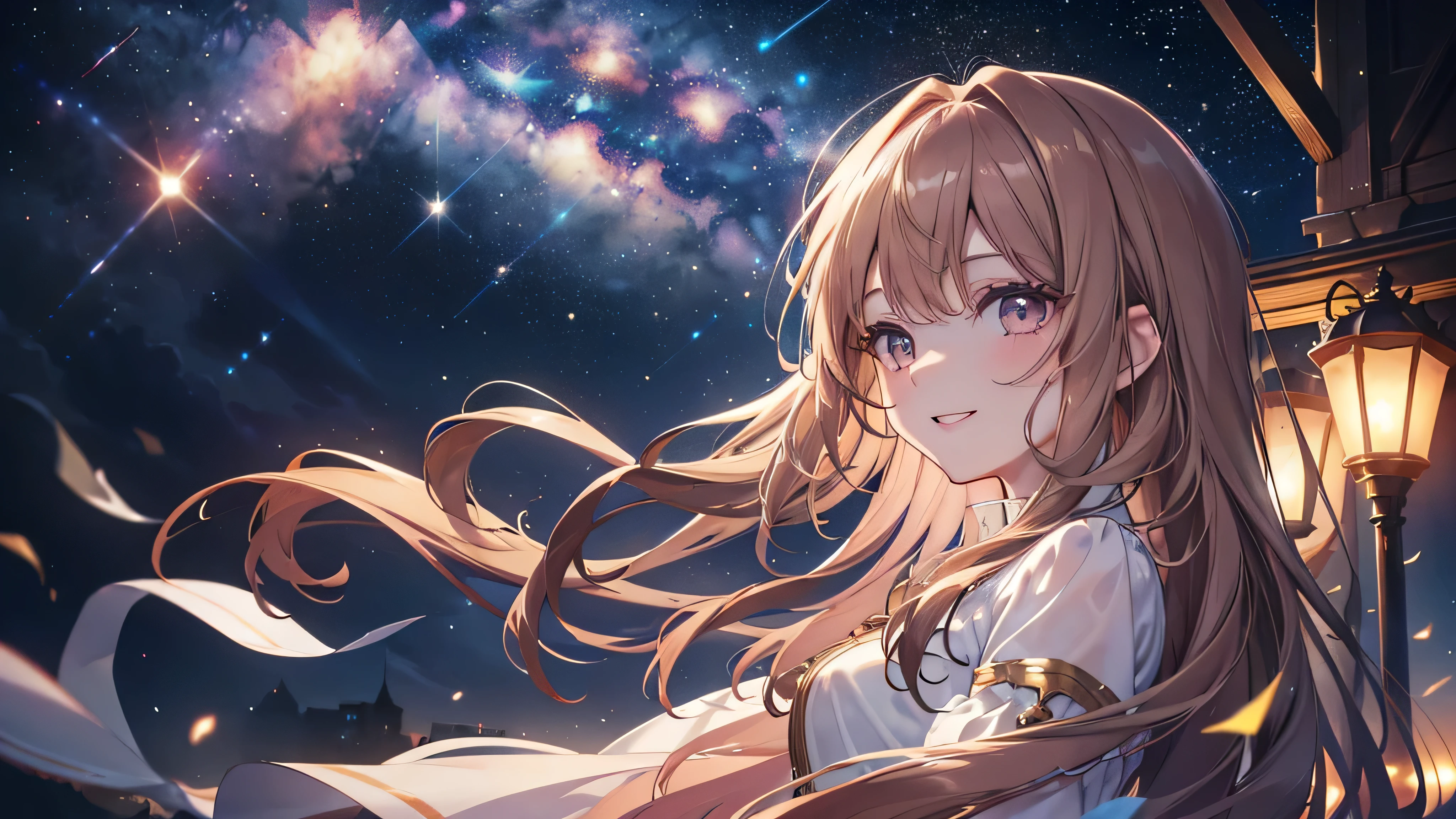 ((Highest quality、masterpiece、Ultra-fine、Ultra-fine、Exquisite、Golden Ratio,16K、Brown Hair,The best smile,Full HD、 The night your smile shines )), (Side angle,profile,One person))Long eyelashes、White skin、(Pale pink lips、Pale pink cheeks、thin and long)、((One person)),birthday,Stars floating in the night sky,meteor
