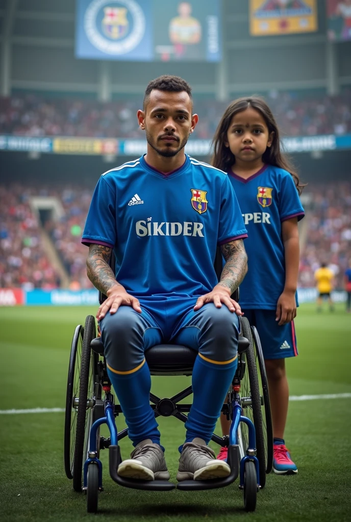 Javier, twenty-five years old, thin body, tattoo on his arms, sitting in a wheelchair, disabled, soccer team fan with blue uniform, in the background a stadium with people holding his name on banners, while he is dressed with all the accessories of a soccer fan, next to him his daughter, Sara, who is , sad look because she knows that her father is going to die
Facing the camera from the front to tell his story, short hair, enlarged image, clear setting, no animation