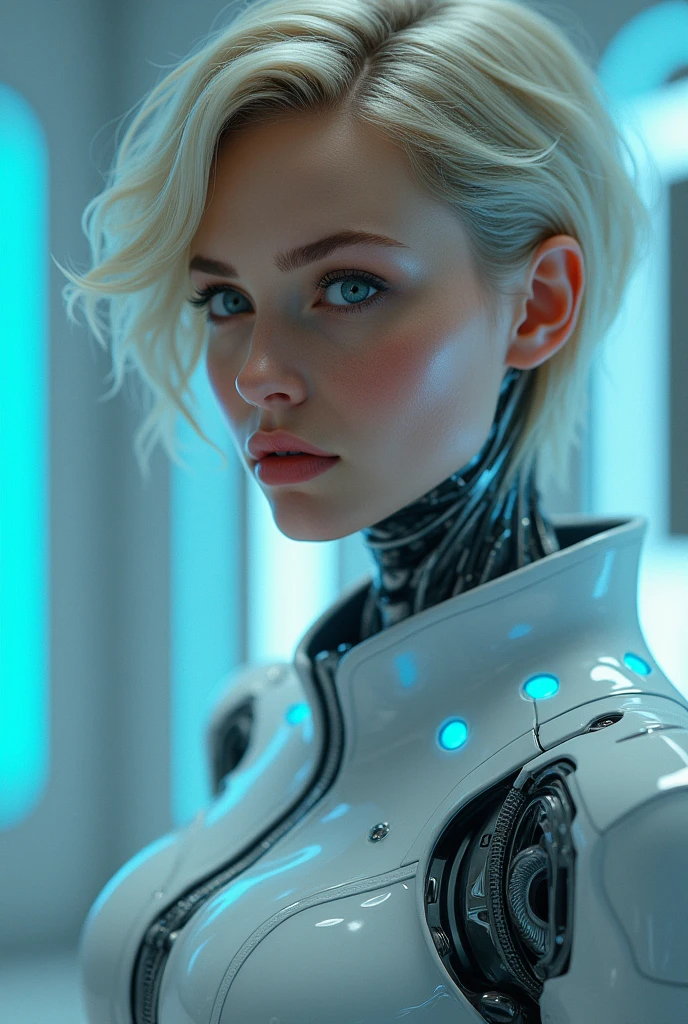 A realistic depiction of a beautiful female android with a futuristic and elegant design. She has human-like, smooth, slightly metallic skin with a light tone. Her eyes are a deep, glowing blue, reflecting her cybernetic nature. Her hair is short, blonde, and styled in a modern, tech-inspired fashion. She wears a fitted high-tech outfit with metallic accents and blue LED light inserts. Her expression is serene yet mysterious, with a nearly inhuman touch of perfection. The background is a futuristic environment that highlights her in a technologically advanced setting.
