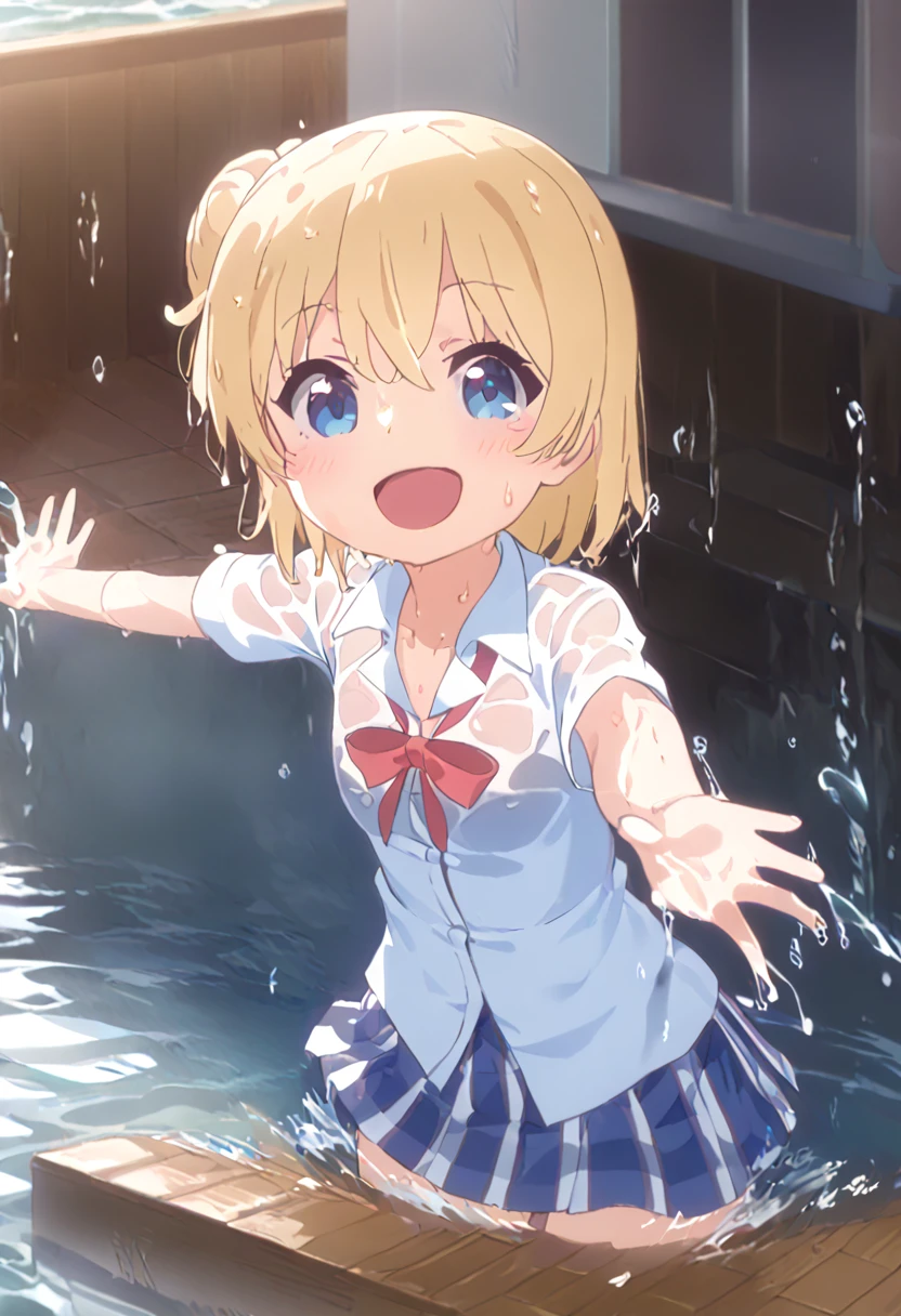 (8k, Highest quality, masterpiece: 1.2),Ultra-high resolution, 1 person, cute, solo,Highly detailed face, high school girl, uniform, blouse, ribbon, Box Skirt, navy blue, Slightly longer, Blonde, Blue Eyes, Ocean, Ocean水浴, Soaking wet, splash, Water Play, Flooding, like, The best smile, Date, Excited