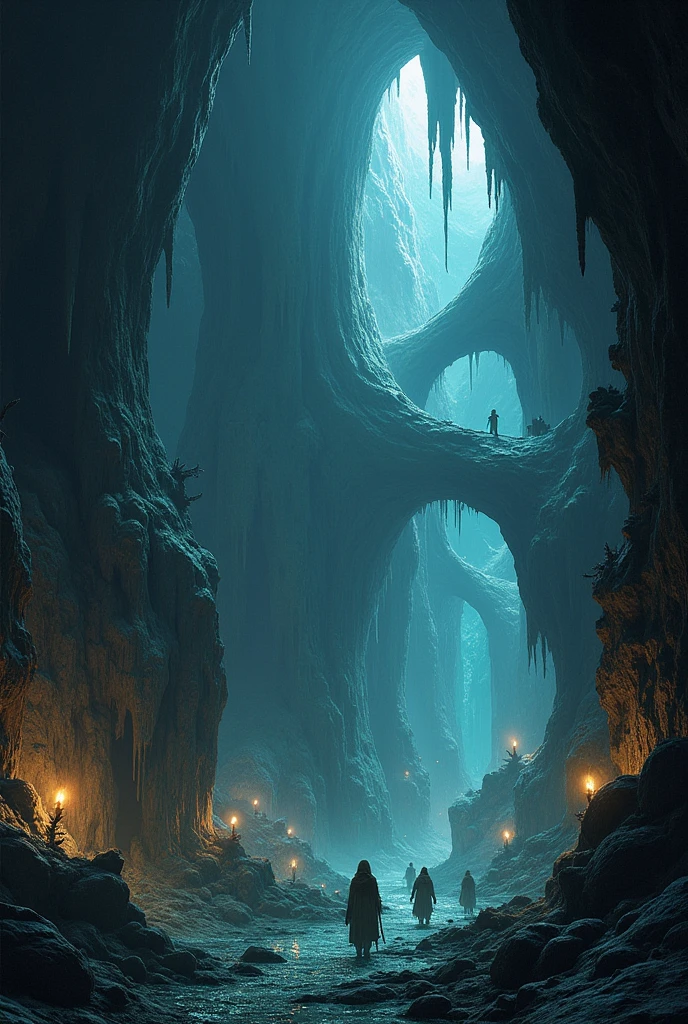 a dark cave, rpg style, fantasy, various types of caves