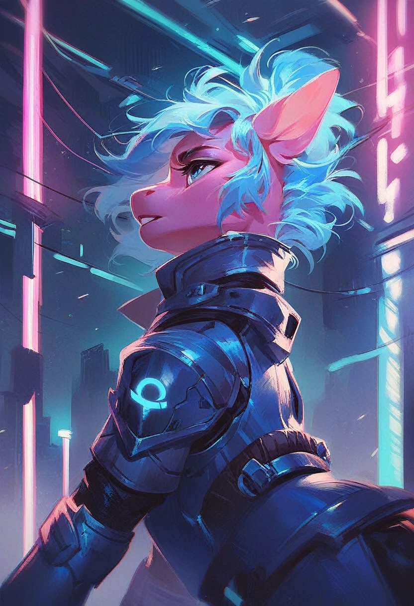 score_9, score_8_up, score_7_up, score_6_up, score_5_up, score_4_up, score_9, A pony from the future, white in color, with messy hair and futuristic dark blue armor with deep blue neon lights