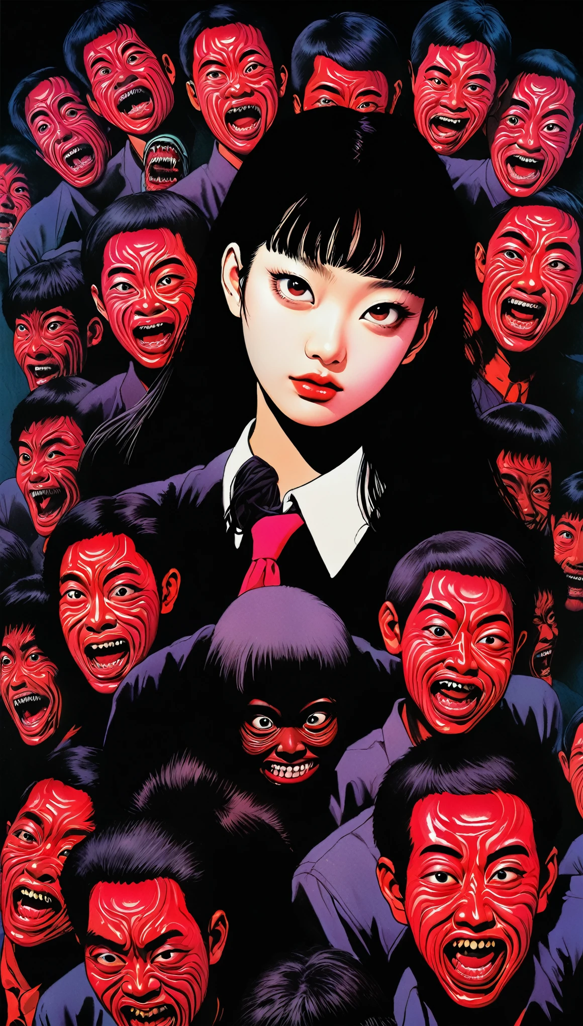 An illustration、art、80s Thai horror movie poster, Supervised by Junji Ito、(high school student:1.0)、School、Attention to detail, Realistic Shadows、Analog Style, chromatic aberration, Surrealism、Complementary Gradient