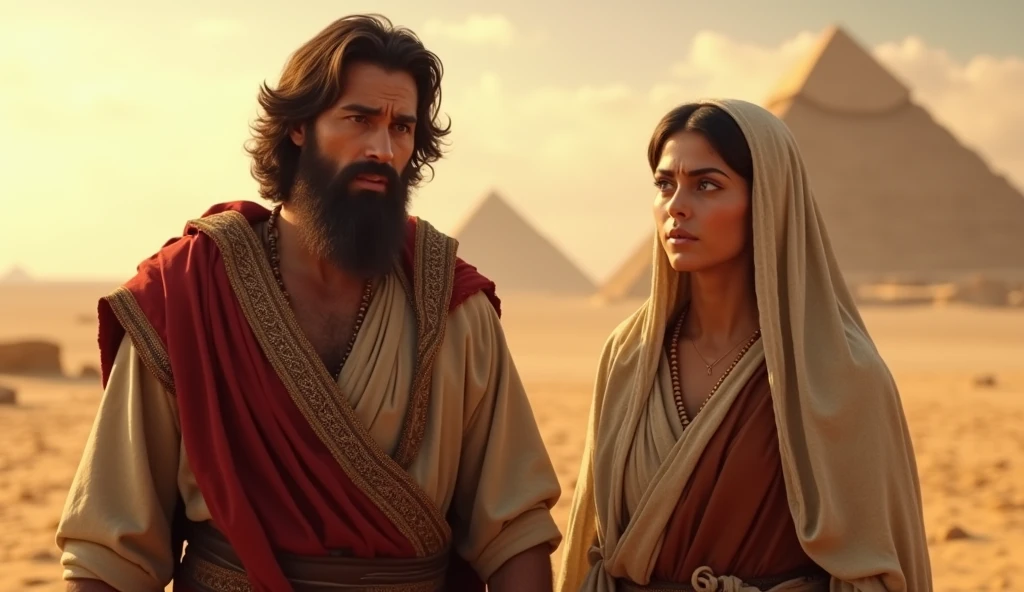 Abraham and Sarah arriving in Egypt, traditional ancient clothing, pyramids and desert in the background, warm golden colors, realistic style, Abraham looks worried, Sarah appears intrigued --ar 16:9 --v 6