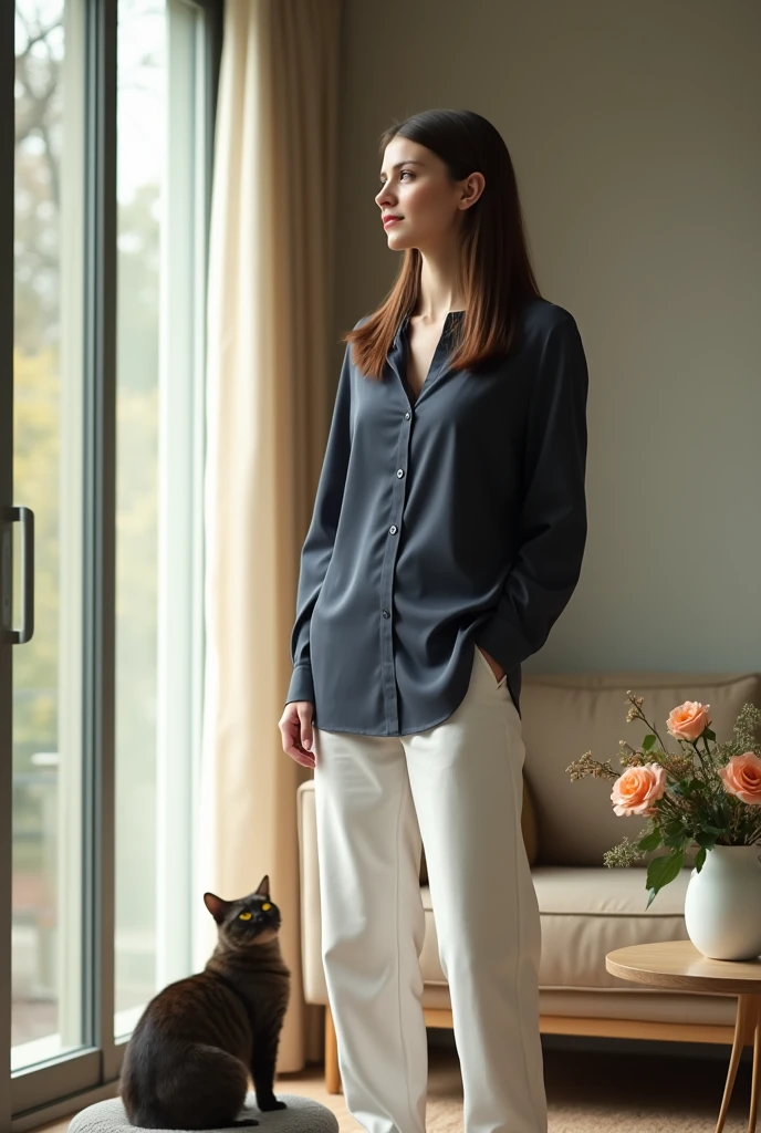 Photograph in soft natural light, filtered through a large glass window that dominates the left wall. The living room is cozy and modern, with neutral colored walls and a comfortable beige sofa. A minimalist coffee table sits in the center, decorated with a vase of fresh flowers. A woman with medium skin tone stands near the window, her straight dark brown hair falling softly over her shoulders. She wears a dark blue formal blouse, contrasting elegantly with the white pants she is wearing. Her posture is relaxed, her gaze serenely looking out the window, as if she is deep in thought, by RachelTano. On the floor, near her feet, a cat rests on a soft cushion. It observes the scene with curious eyes, its fur shining in the light that comes through the window. The atmosphere is calm and welcoming, with a sense of peace and introspection, capturing a moment of stillness in the midst of everyday life.