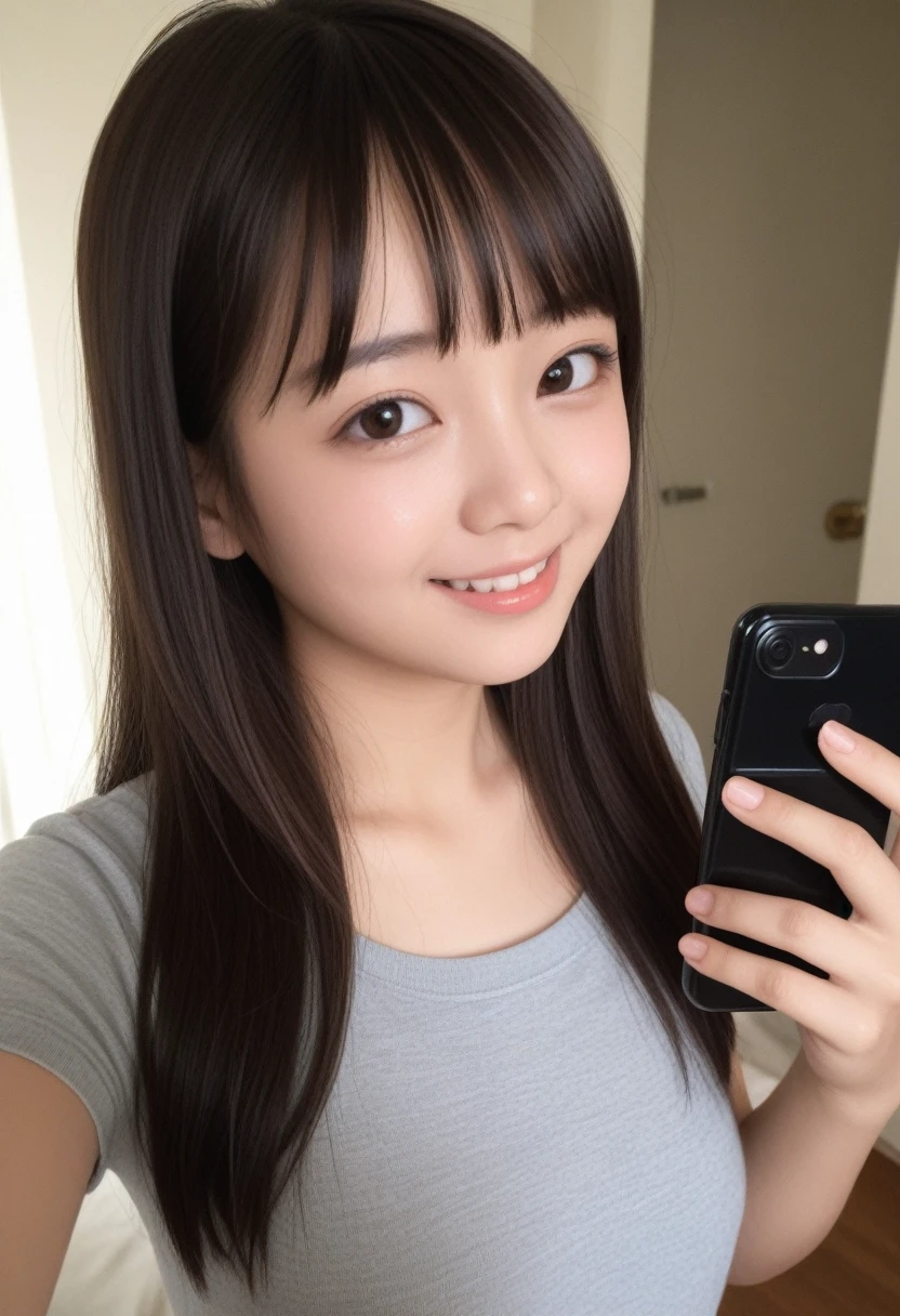 (Masterpiece, BestQuality:1.2), (hyperrealistic:1.1), (8k,Photorealistic), (superrealistic:1.4),-girl taking a selfie,japanese,17yo,(ked and her nipples are visible),(she is holding a smartphone in one hand and taking a selfie), beautiful nipples,She is smiling brightly and posing happily,The background is the girl's room.BREAK (eyes with large brown irises,bangs,small mouth, fresh lips,nose blush),beautiful shiny skin,