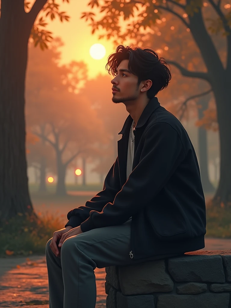 8K ultra-realistic scene in a tranquil park at sunset, A young man with short wavy black hair, light beard, wearing a black jacket , grey pants, sits on a low stone wall, His expression is calm and reflective. The background is a serene park filled with tall trees in full leaf, and the setting sun casts a warm, ethereal glow across the landscape, In the distance, soft, colorful bokeh lights create a magical atmosphere, adding a surreal touch to this epic, realistic scene.