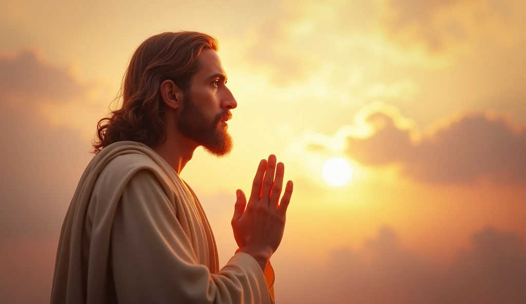 A viral social media image of Jesus praying on the right side, his hands clasped, with a serene golden glow surrounding him, set against a peaceful sunset background, evoking deep spiritual reflection.