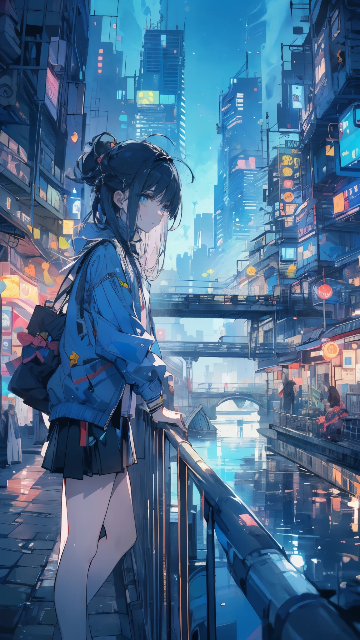 (high quality), (masterpiece), (detailed), 8K, (Bustling cyberpunk metropolis1.3), (teenage girl with dark blue hair1.3) stands peacefully at (neon-lit bridge1.3) overlooking quiet river. Soft glow of city lights reflects on water, creating serene and cozy scene amidst (towering skyscrapers1.2). (high quality), (masterpiece), (detailed), 8K, Anime style character with (cool and edgy tattoos1.3), dressed in (fashionable clothing1.2), posing confidently. Expression fierce, stylish accessory coiled around arm. Thicker outlines emphasize striking, modern fashion, vibrant palette enhances scene.