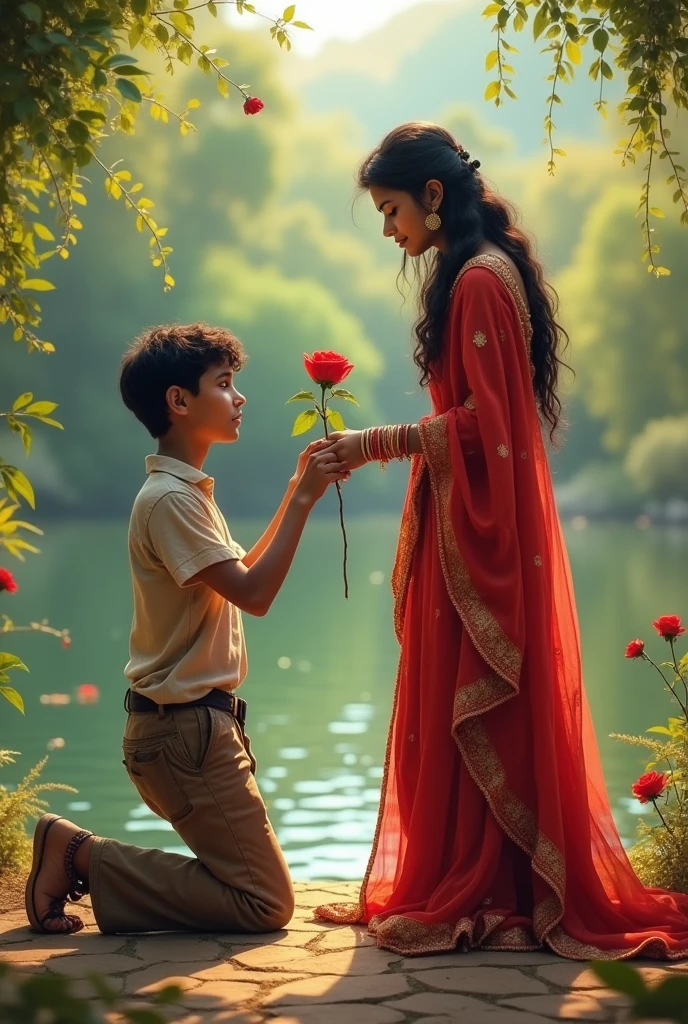 A dirty dressed boy proposing with rose to a beautiful Indian woman , in a beautiful location