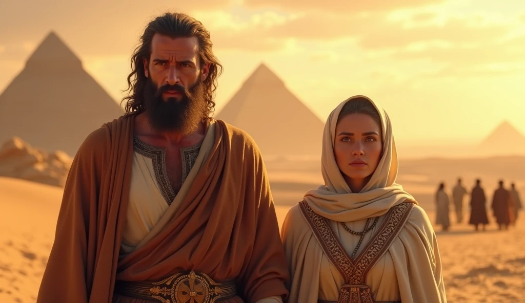 Abraham and Sarah arriving in Egypt, traditional ancient clothing, pyramids and desert in the background, warm golden colors, realistic style, Abraham looks worried, Sarah appears intrigued --ar 16:9 --v 6