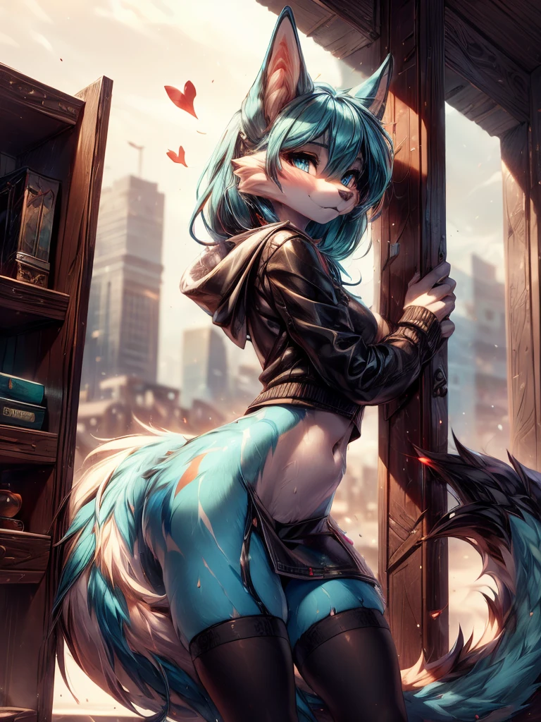 ((beautiful and detailed))) teenage girl 18 years, (((18 years))) high definition 1:1(((female))) ((the second)) elongated fox snout, Debt, (((blue body)))Ross Tran, by ruan jia, by zaush, por Foxovh, cinematic lighting, seductive, Debt, Vista de whole body,((whole body)) messy hair, ((red&For the blue)), (turquoise tail), detailed blue eyes, submissive pose, view from below, side view,(heart-shaped pupils) ((horny and shy)) detailed, (8k the best quality, masterpiece ) Posing, Very good, beautiful, smalldetailed, shy and seductive posture arching back down so that we can see her, absurd resolution, casual black clothes, (black navel blouse, black jacket, black miniskirt, long socks) Rock style, tight thigh high stockings.