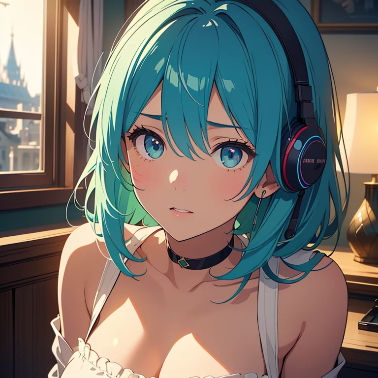 (beautiful girl: 1.3)、One girl、masterpiece、Highest quality、Ultra-high resolution、Perfect Face、Highly detailed face、Detailed eyes、Attractive eyes、Eye for detail、Detailed skin、Perfectly shaped、Symmetrical face、 Rich contrast、80s Anime、Vintage Anime、super high quality、8k、Highly detailed textures、Unbelievably absurd、Highly detailed CG unit wallpaper、RAW Photos、Depth of written boundary、16K、uhd、Perfect Anatomy、Cinematic Realism、Atmospheric lighting、Intricate details、Shadows in the movies、Cinema Lighting、In the room at home、Cute room、The room has a desk and a laptop、indirect lighting、Outside the large window is a late-night city、Night view、Lots of shooting stars、Full body view、Big, loose T-shirt、Modern clothing、Realistic clothing、Pale emerald green hair、Medium Short Hair、A melancholic look、Dark、Dark shading、Dynamic Angle、Rainbow Headphones,Listening to music、Big and ample breasts、
