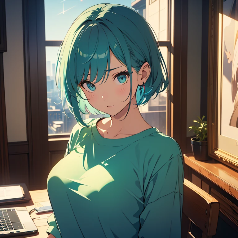 (beautiful girl: 1.3)、One girl、masterpiece、Highest quality、Ultra-high resolution、Perfect Face、Highly detailed face、Detailed eyes、Attractive eyes、Eye for detail、Detailed skin、Perfectly shaped、Symmetrical face、 Rich contrast、80s Anime、Vintage Anime、super high quality、8k、Highly detailed textures、Unbelievably absurd、Highly detailed CG unit wallpaper、RAW Photos、Depth of written boundary、16K、uhd、Perfect Anatomy、Cinematic Realism、Atmospheric lighting、Intricate details、Shadows in the movies、Cinema Lighting、In the room at home、Cute room、The room has a desk and a laptop、indirect lighting、Outside the large window is a late-night city、Night view、Lots of shooting stars、Full body view、Big, loose T-shirt、Modern clothing、Realistic clothing、Pale emerald green hair、Medium Short Hair、A melancholic look、Dark、Dark shading、Dynamic Angle、Rainbow Headphones,Listening to music、Big and ample breasts、