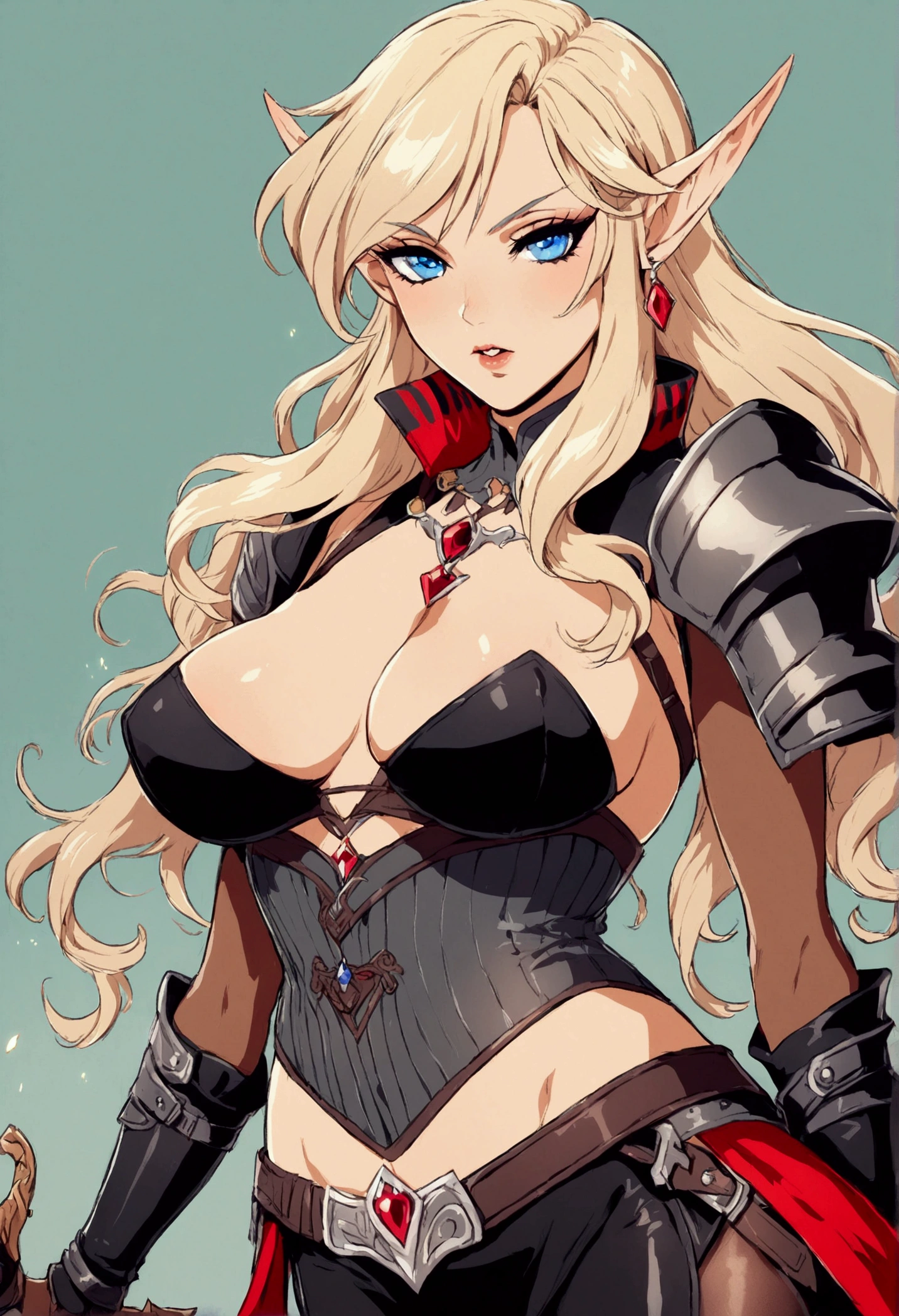 DND female high Elf wearing a revealing corset and tight leather leggings, blonde lush hair and bright blue eyes, comic style art