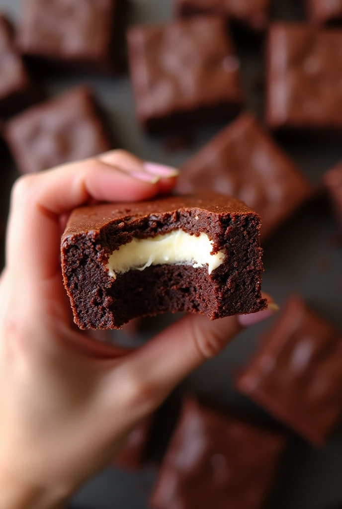 A chocolate brownie with a crispy crust, shiny with a creamy and light cream in the middle of the brownie as if it were in the shape of a sandwich. In the 360 degree view being held with one hand and containing a small bite further emphasizing the cream in the middle being a thinner layer of the brownie and filling, crispy and shiny top crust. Background image as if it were a large production of brownies but with the brownie in a thinner thickness still giving the main focus to the creamy Nutella flavored filling