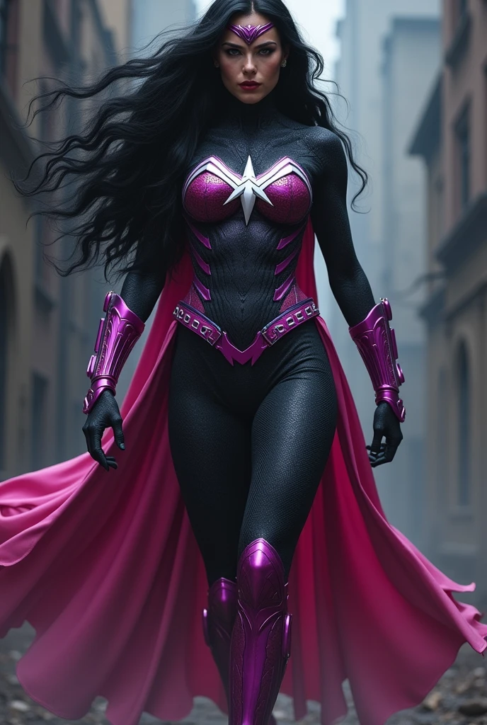(((Symbiote fused with Spiderman Wonder Woman))),(((A beautiful woman with long black hair under the mantle of the Amazon warrior Wonder Woman))),(((Ten-pointed white star on its abdomen))),(((Fuchsia Corset))),(((Long fuchsia boots up to her knees))),(((With Symbiote skin running all over his skin))) Fuchsia metal bracelets))),(((Simbionte Spiderman))),(((Ten-pointed white star on its abdomen))),(((Symbiote fused with Spiderman Wonder Woman)))