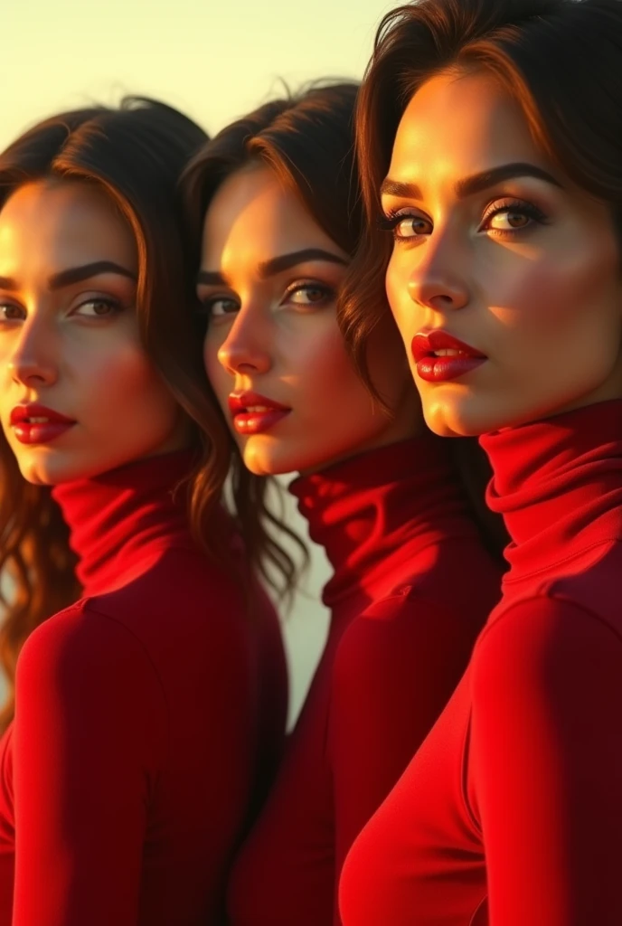 Glamorous photography of a 3 woman, head shot portrait, scarlet turtleneck sweater, golden hour, digital colors, realistic texture, finely detailed