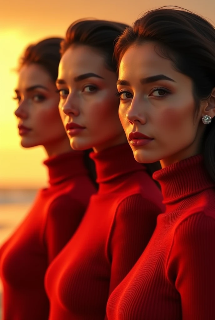 Glamorous photography of a 3 woman, head shot portrait, scarlet turtleneck sweater, golden hour, digital colors, realistic texture, finely detailed