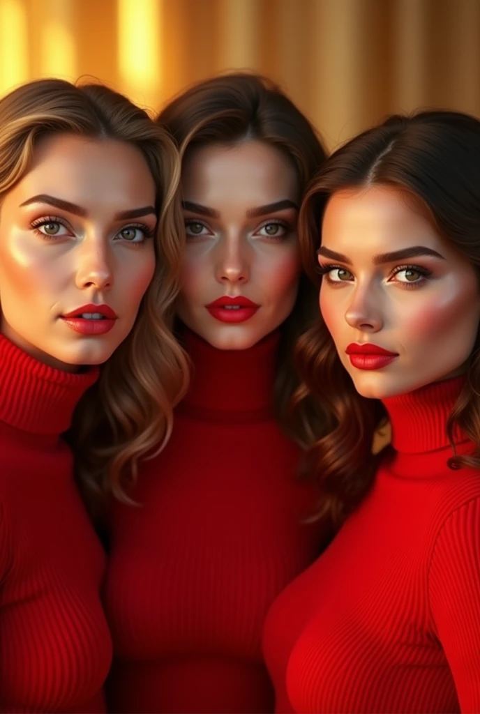 Glamorous photography of a 3 woman, head shot portrait, scarlet turtleneck sweater, golden hour, digital colors, realistic texture, finely detailed